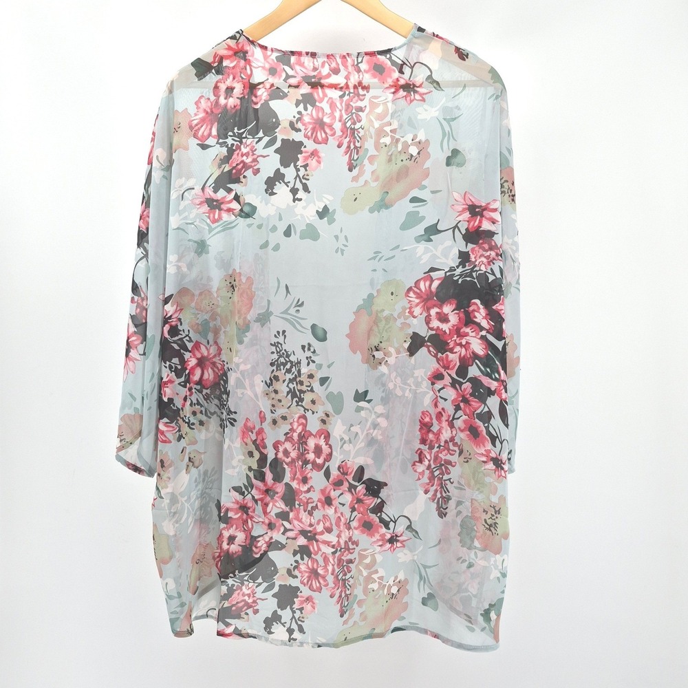 Floral Sheer Kimono Cover Up One Size Mint Blue Pink Boho Beach Resort Festival - Picture 7 of 9